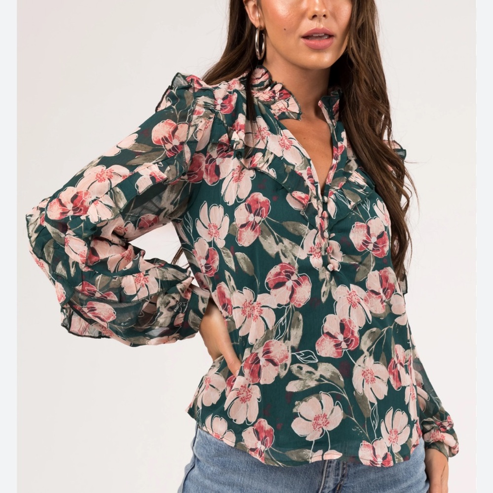 Listicle Floral Ruffle Blouse - Green and Pink size M